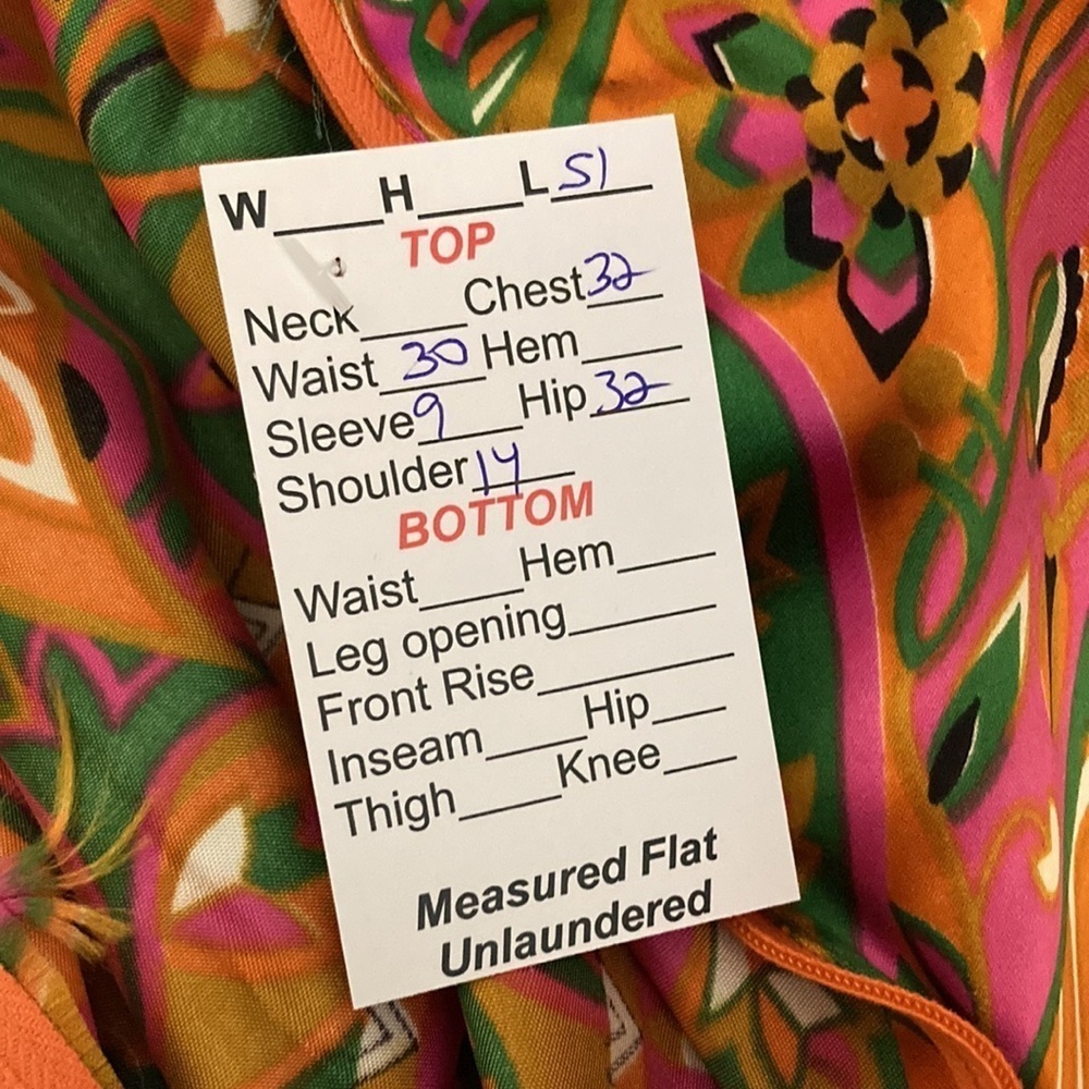 1970’s orange, green & pink satin long dress. 51” length. 32” chest. 120 - Picture 7 of 7